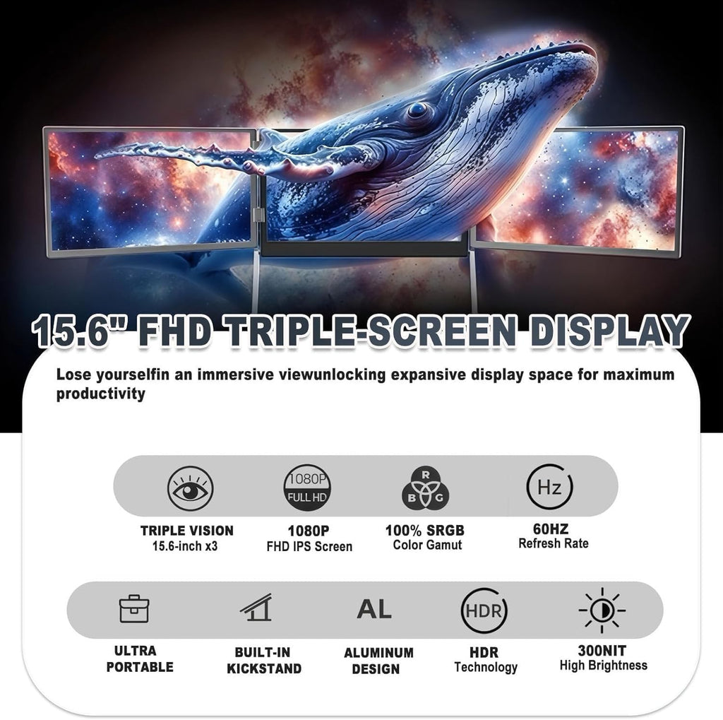 Portable Laptop Monitor Extender, 15.6' FHD 1080P Portable Laptop Screen Extender Monitor, Triple Display with USB-C & HDMI, 360° Rotatable, Adjustable Viewing Angles, Foldable Travel Display
