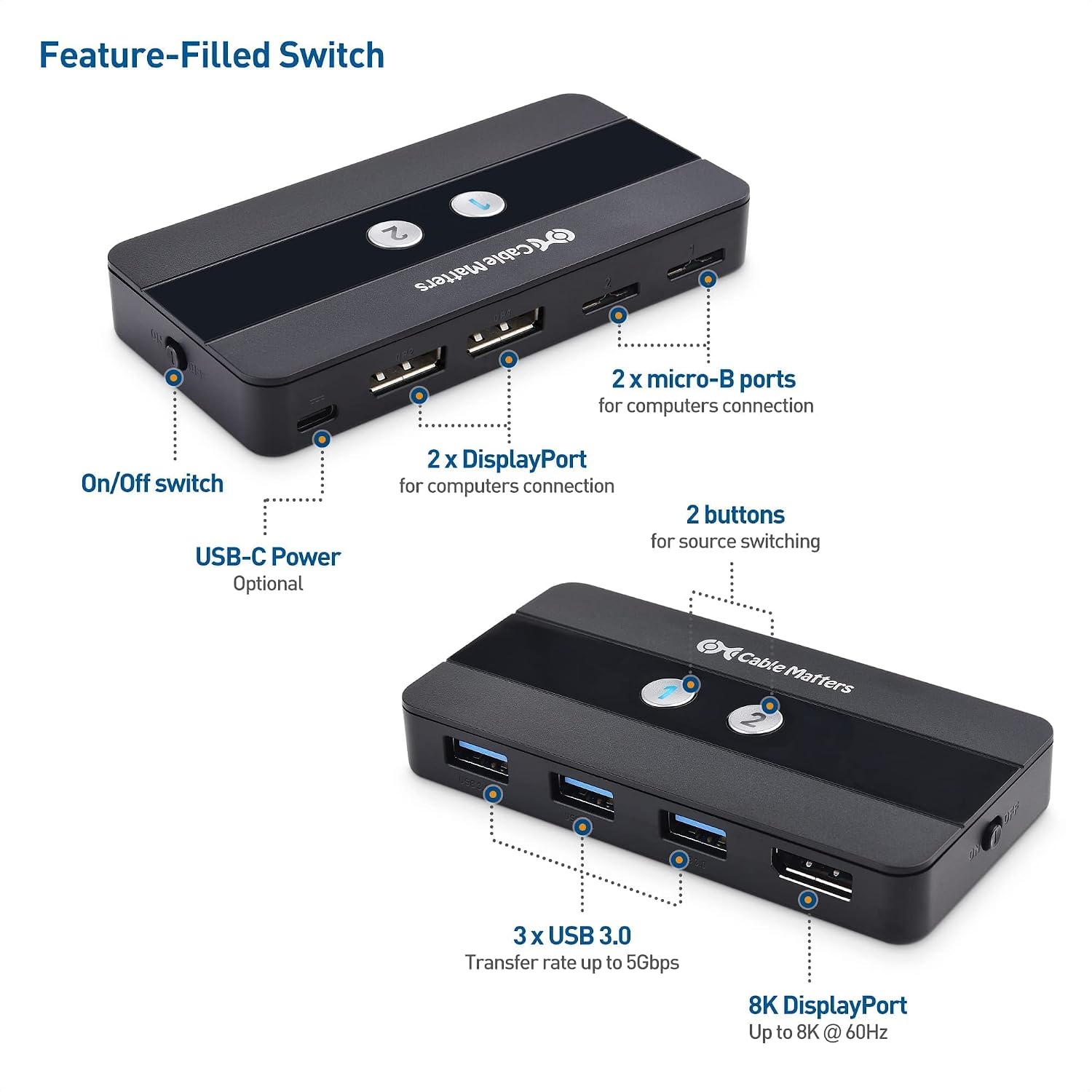 Cable Matters USB 3.0 KVM Switch DisplayPort 1.4 for 2 Computers, USB C to DisplayPort 1.4 Adapter, and USB C to USB Adapter Bundle