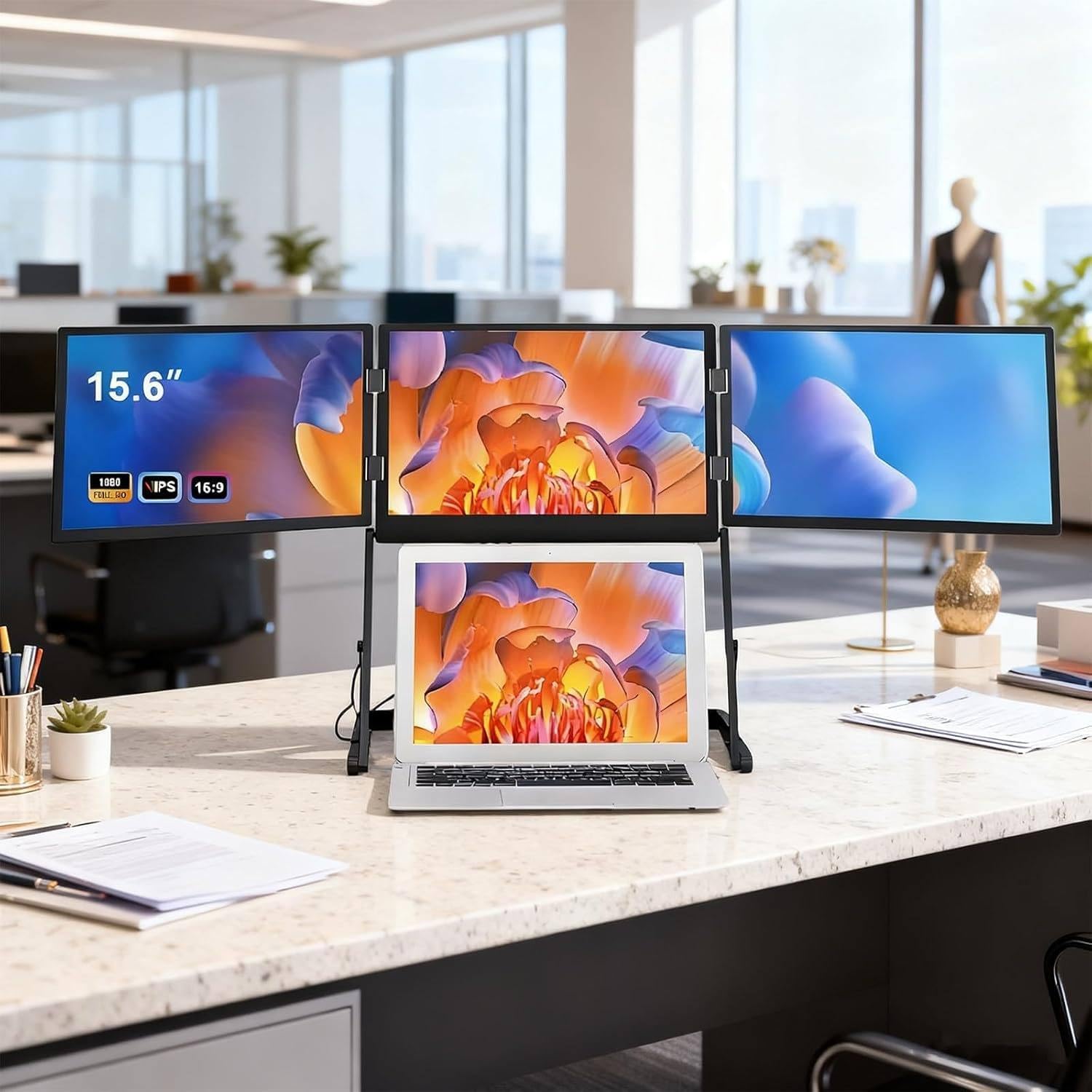 Laptop Screen Extender Triple Monitor, 15.6' Laptop Tri-Fold Monitor, 1920 x 1080 FHD Portable Laptop Screen Extender, Extended Screen with 360° Rotation Acjustable Viewing Angles