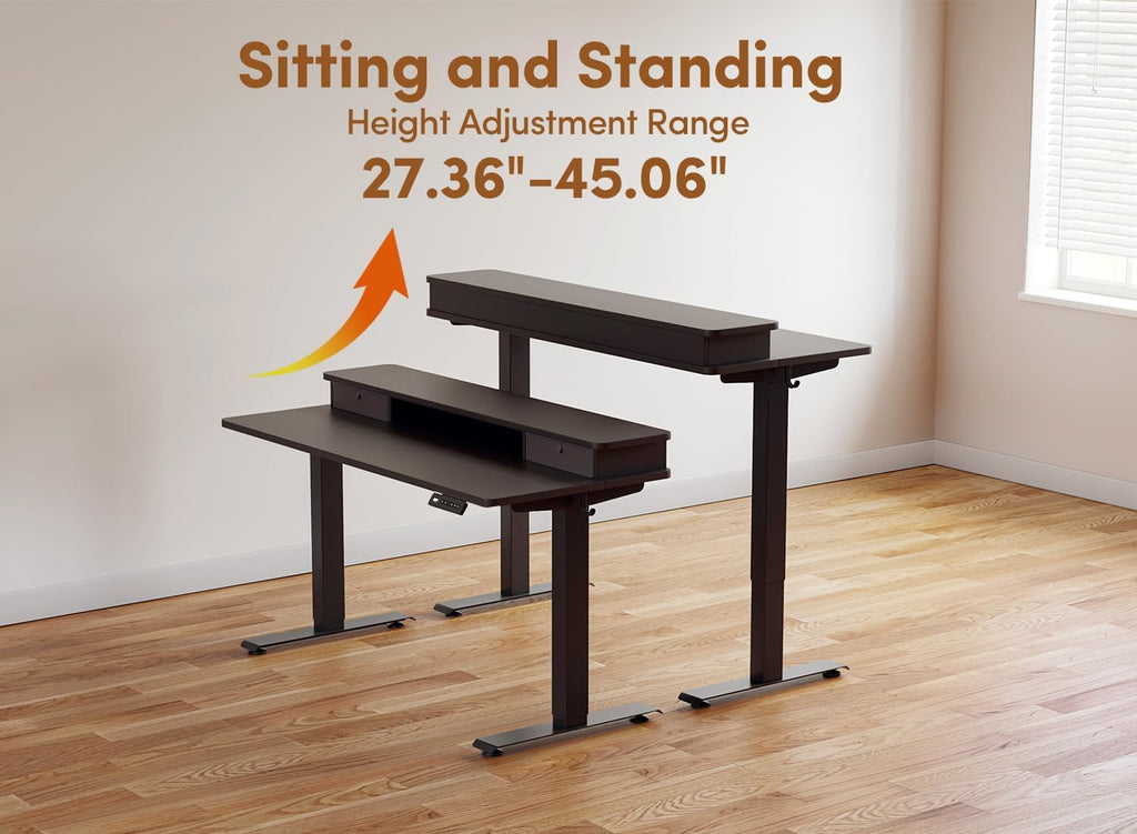BANTI 48x24 Inch Electric Standing Desk with Dual Drawers, Height Adjustable Stand Up Table, Sit Stand Home Office Desk with Storage Shelf, Black Frame/Black Top