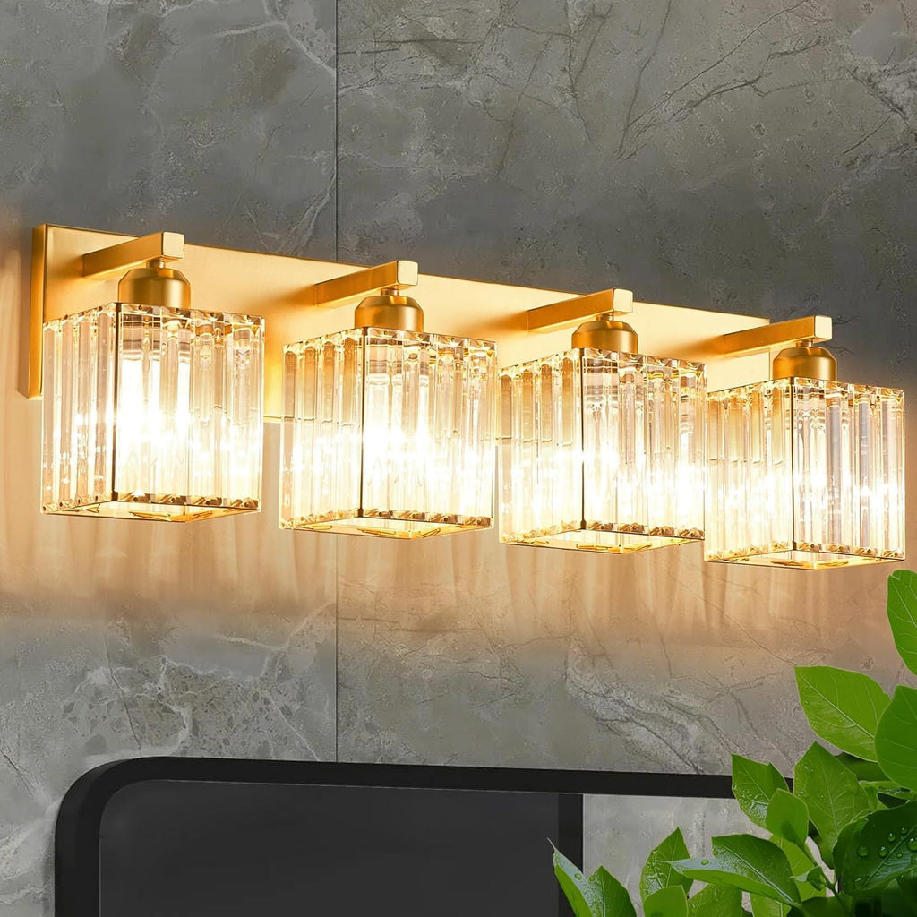 Bathroom Vanity Light Fixtures Over Mirror 4 Crystal Lights - Makeup Lighting Pure Gold - for Modern Wall, Bath, Desk, Farmhouse, Hallway