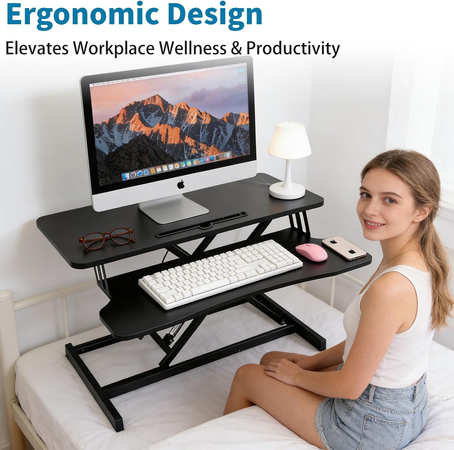 Standing Desk Converter, Height Adjustable Sit to Stand Riser, Dual Monitor and Laptop Workstation with Wide Keyboard Tray, Desk Lifter for Home Office
