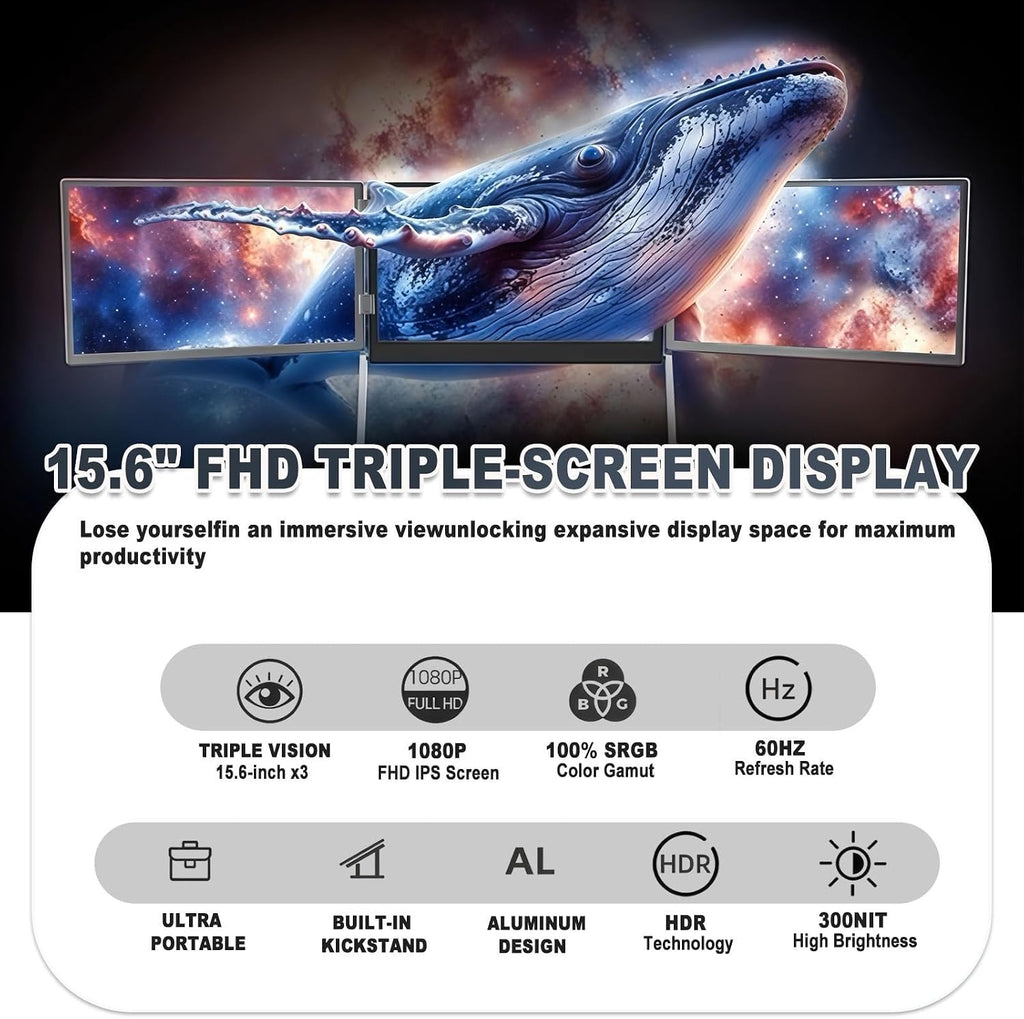 15.6 3 Screen Monitor with 1080p Fhd IPS Display, 15.6' Portable Triple Monitors for Laptop, Monitor with 360° Rotation Adjustable Viewing Angles