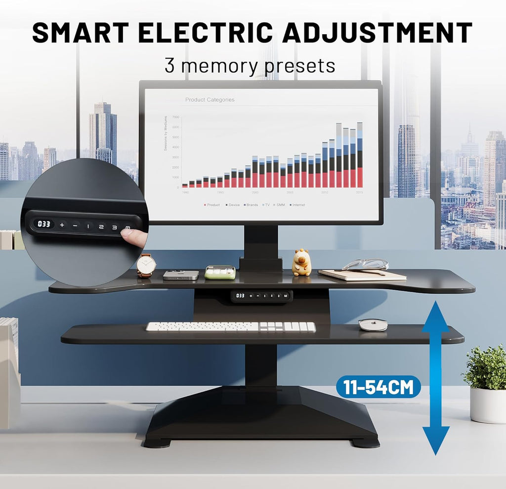 Electric Standing Desk Converter 36' Wide, Height Adjustable Desk Riser, Computer Workstation, Sit-Stand Convertor for Home, Office, School (Black, 1 Arm Included)
