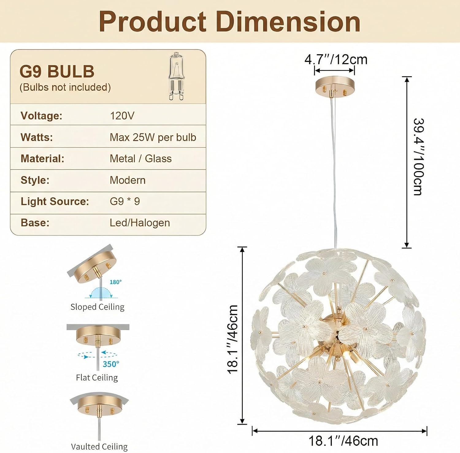 Modern Farmhouse Spherical Glass Chandelier Gold Floral Pendant Lighting Fixture Flower Height Adjustable Hanging 9 Light for Dining Room, Living Room, Bedroom, Hallway, Kitchen, Foyer