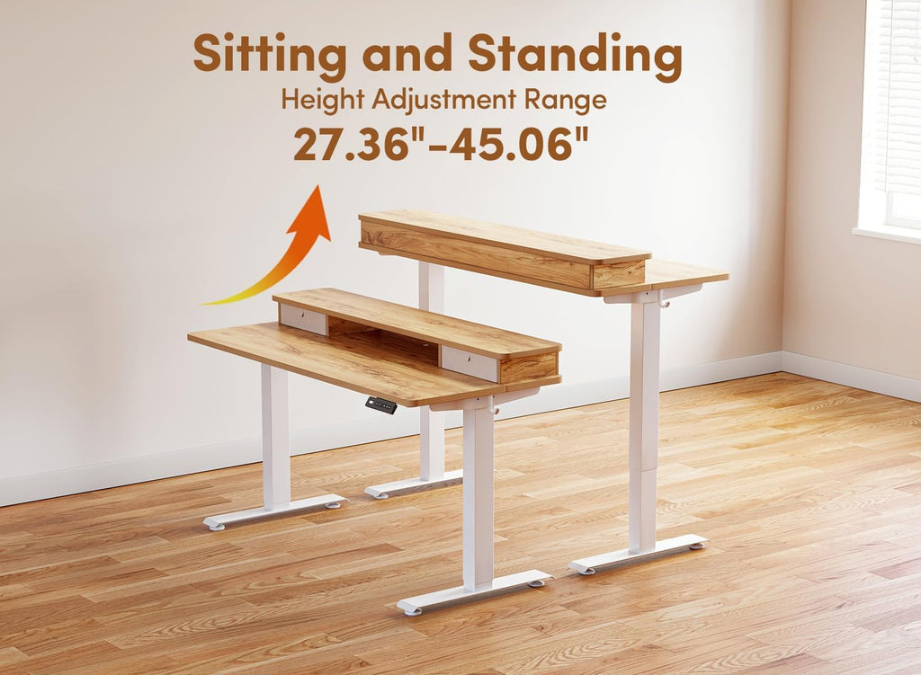 BANTI 55x24 Inch Electric Standing Desk with Dual Drawers, Height Adjustable Stand Up Table, Sit Stand Home Office Desk with Storage Shelf, White Frame/Light Rustic Brown Top
