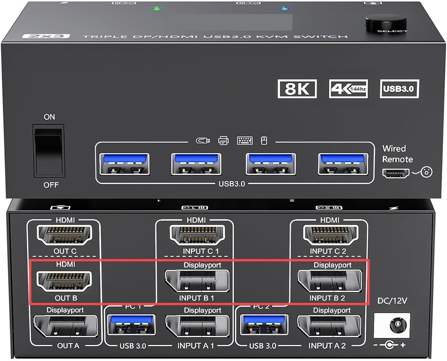 8K Triple Monitor KVM Switch 3 Monitors 2 Computers, 2 Displayport + HDMI USB3.0 KVM Switch with 4 USB 3.0 Port for Keyboard(203DH-2)