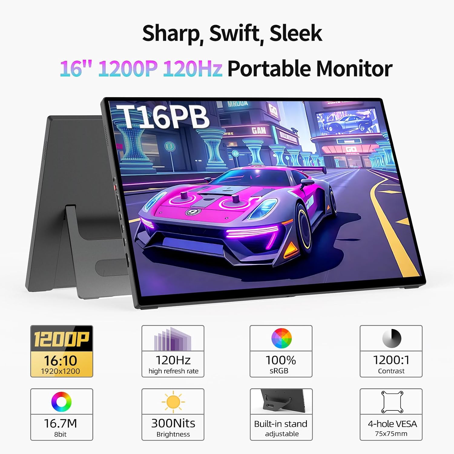 Intehill 16' 120Hz Touchscreen Portable Monitor, Portable Gaming Monitor w/Stand & Speakers, 16:10 Display with Full Laminated Tempered Glass, Touch Screen Travel Monitor for Laptop, T16PB (Black)