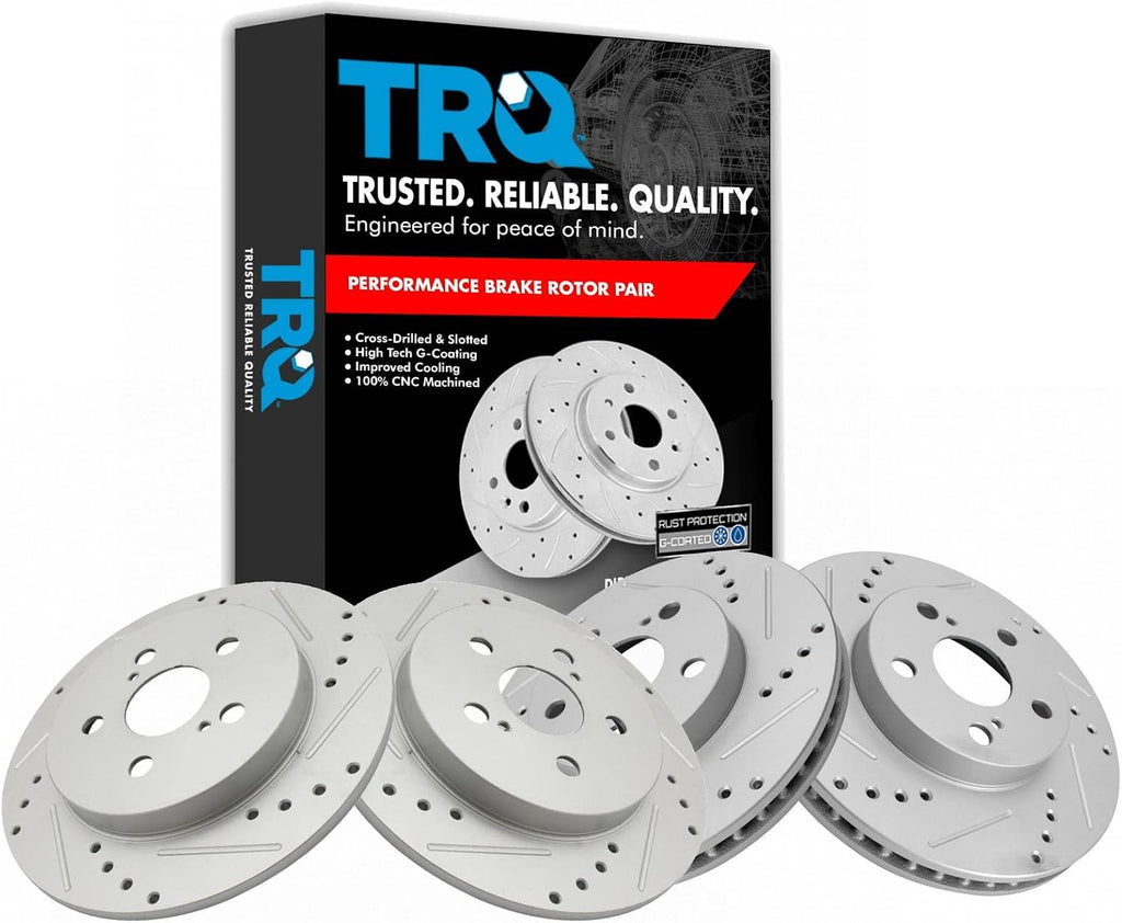 TRQ Performance Front and Rear Brake Rotor Set G Coated Drilled and Slotted Compatible with 2011-2013 Lexus CT200h 2010-2015 Toyota Prius 2012-2015 Prius Plug-In