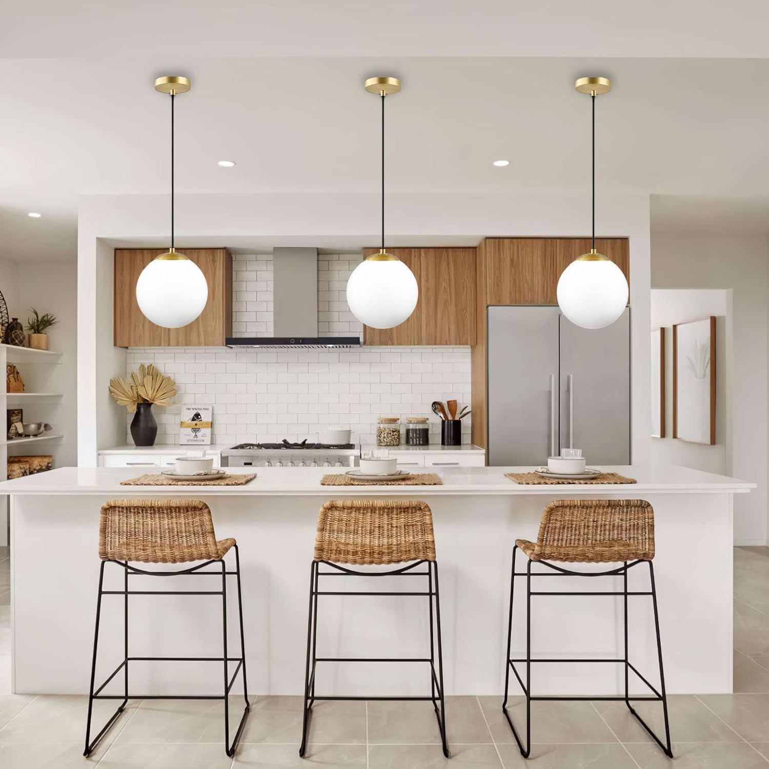 KoKo&Yukina 8' Gold Glass Globe Modern Pendant Lights 2 Pack Mid Century Milky White Glass Pendant Light Fixtures Adjustable Hanging Pendant Lighting for Kitchen Island Bedroom Hallway Bulbs Incl.
