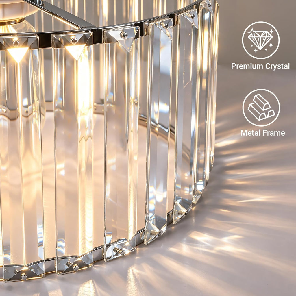 Modern Crystal Chandelier for Dining Room, 6 Light Chrome Semi Flush Mount Ceiling Light Fixtures, 19in Hallway Fixture, Round Kitchen Hanging Drum Pendant Lights Ceiling for Living Room Bedroom Foyer