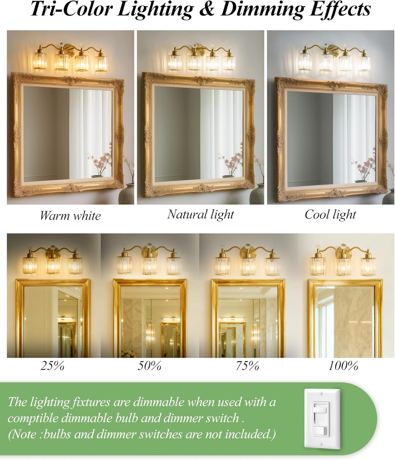 Bathroom Vanity Light Fixtures 5-lights, Gold Crystal Vanity Lights for Bath, Bathroom Lights Fixture with Clear Crystal Glass Shade, Modern Wall Light over Mirror, Wall Sconces Light for Hallway