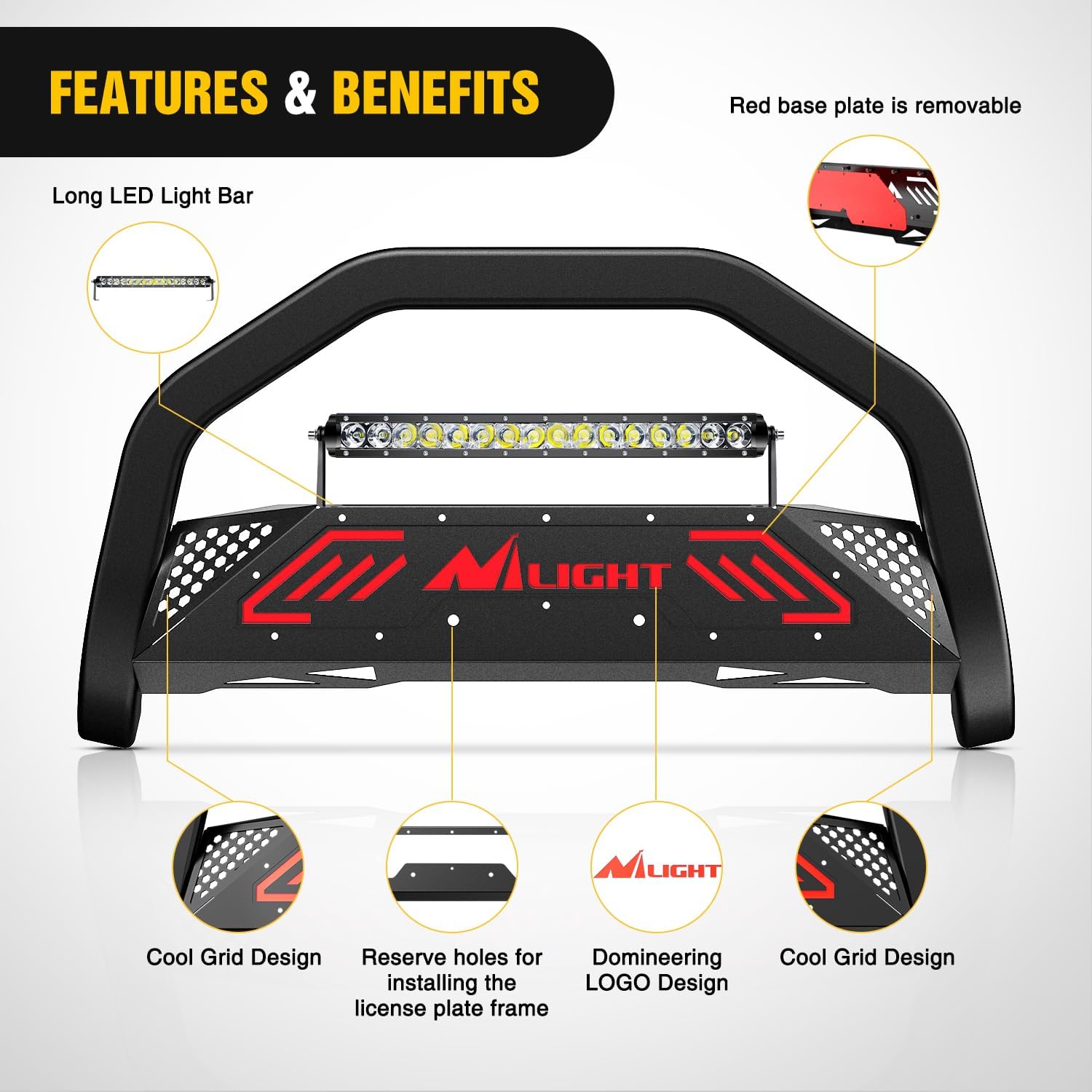 Nilight Bull Bar with Light Bar&License Plate Hole Compatible with Toyota Tacoma 2005-2015 Truck Brush Guard, Front Bumper Push Bar w/Grille Skid Plate Light Mount
