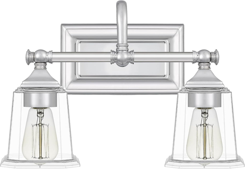 Quoizel Nicholas Vanity Lights, 15 Inch 2-Light Polished Chrome Bathroom Lighting Fixtures Over Mirror, 100W, Clear Glass, Mid-Century Wall Mount Light for Bathrooms, Kitchen or Hallway