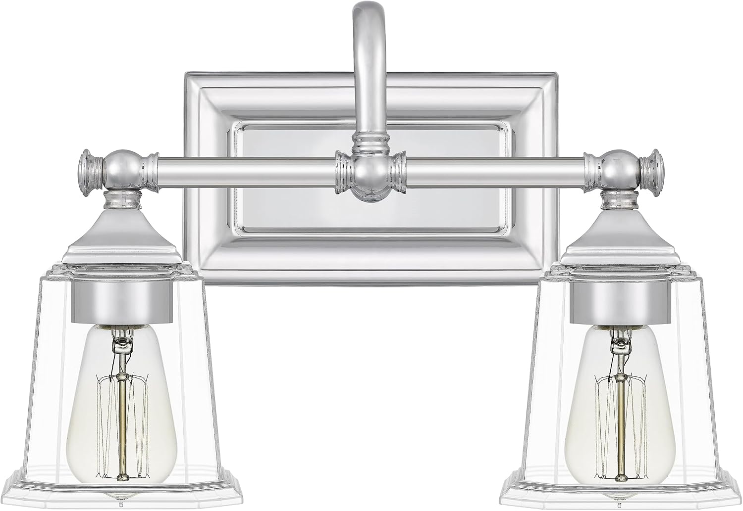 Quoizel Nicholas Vanity Lights, 15 Inch 2-Light Polished Chrome Bathroom Lighting Fixtures Over Mirror, 100W, Clear Glass, Mid-Century Wall Mount Light for Bathrooms, Kitchen or Hallway