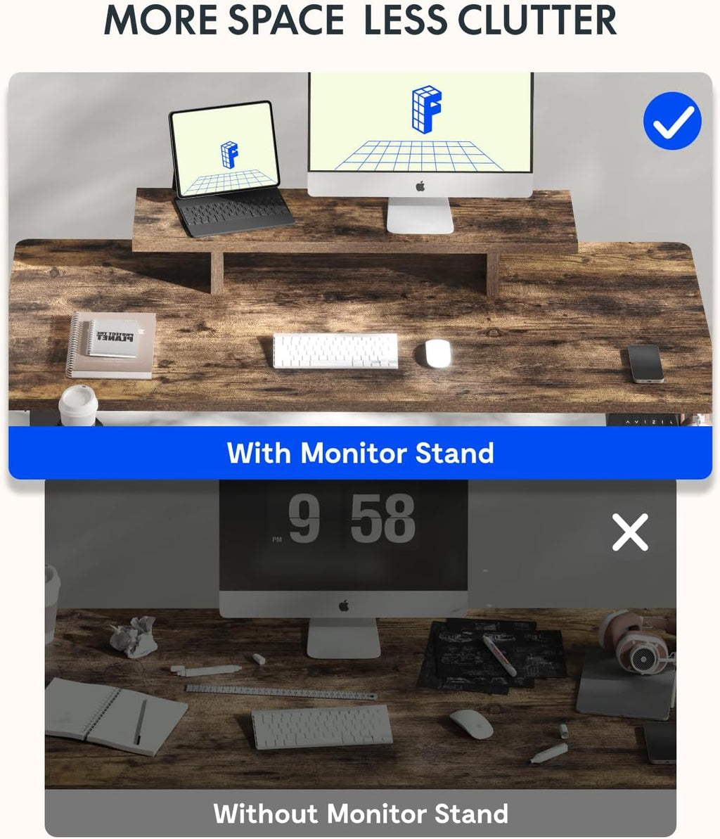 FLEXISPOT Standing Desk with Monitor Stand, 48 x 24 Inches One-Piece Electric Height Adjustable Computer Desk with Cup Holder for Home Office, Rustic