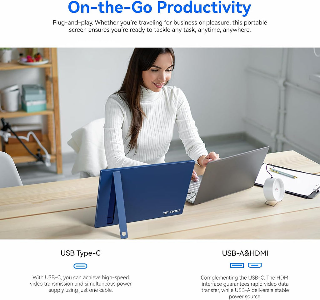 Veout Portable Monitor 16' 1200P FHD Dual USB-C/HDMI Ultra-Slim Travel Monitor with Kickstand & Speakers, 16:10 IPS External Second Screen Compatible with Laptop, Mini PC, MacBook, PS, Switch