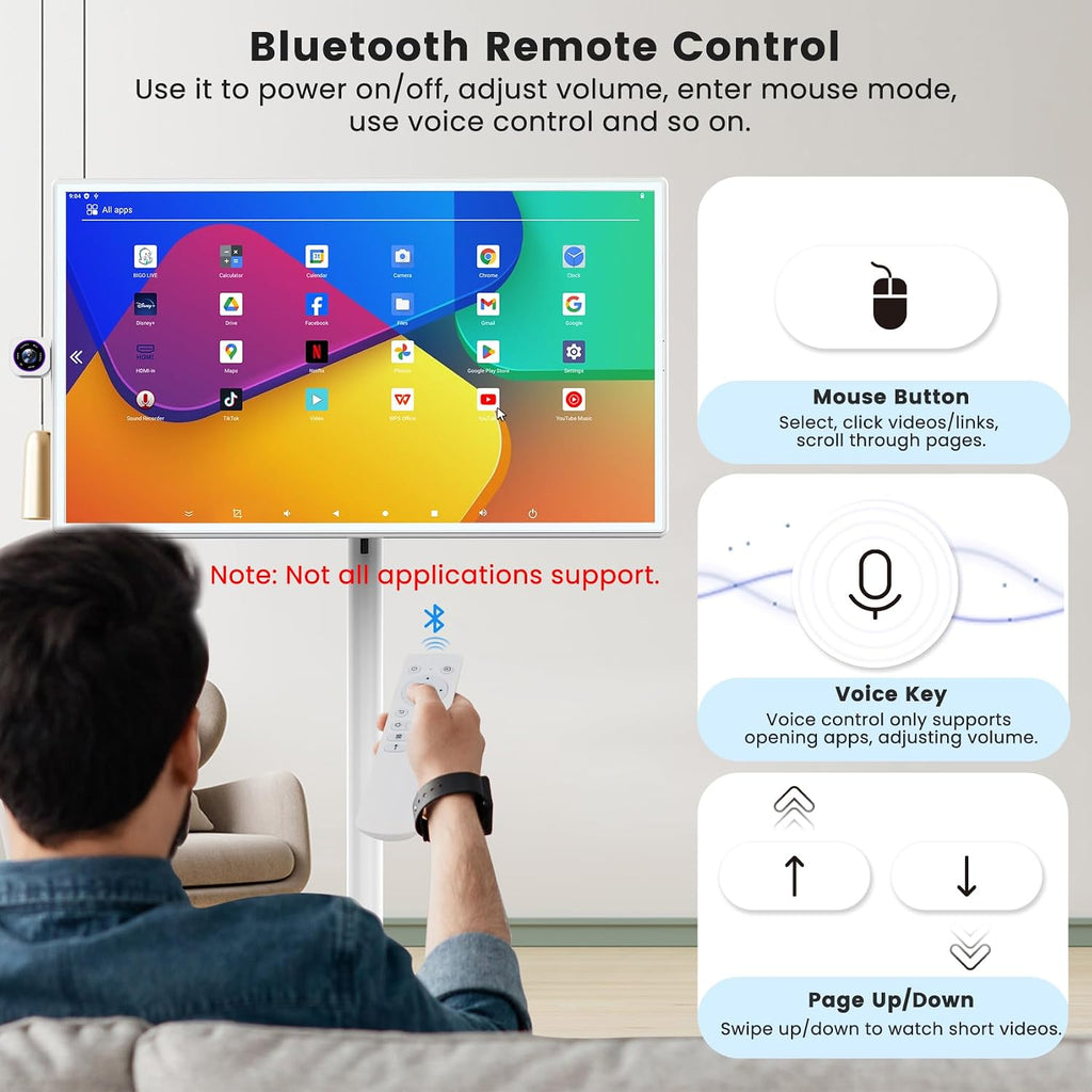 BIGASUO 32' Smart Portable TV on Wheels, 1080P FHD Touchscreen Monitor, 8GB RAM 128GB ROM, Android 13 OS, Rolling TV with Built-in 6H Battery, Full Swivel Rotation, Remote Control, White Design