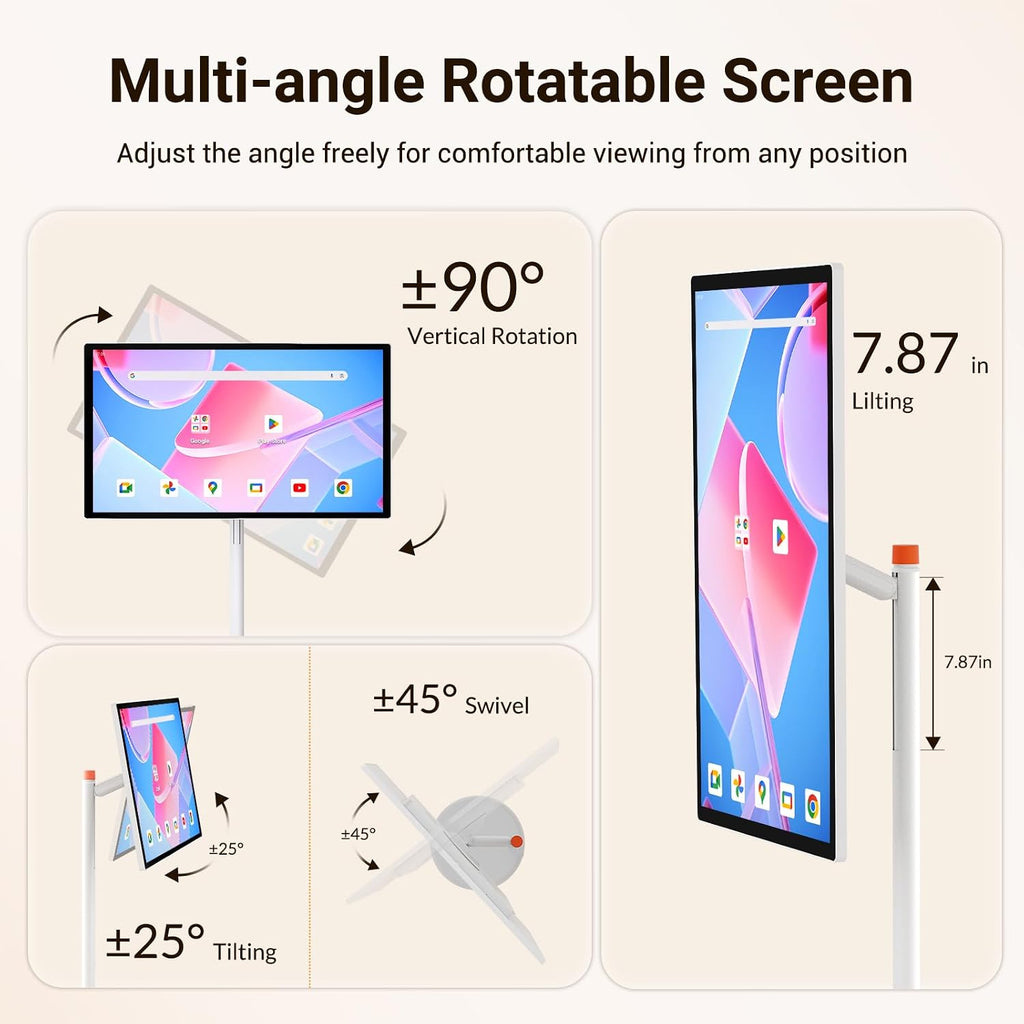 27' Rolling TV, EDLA-Certified Portable TV, Android 13, 8 GB +128 GB, Built-in 20,000 mAh Battery, 14H Playtime, Wireless Casting,10-Point Touch Screen Monitor for Home, Office, Gym