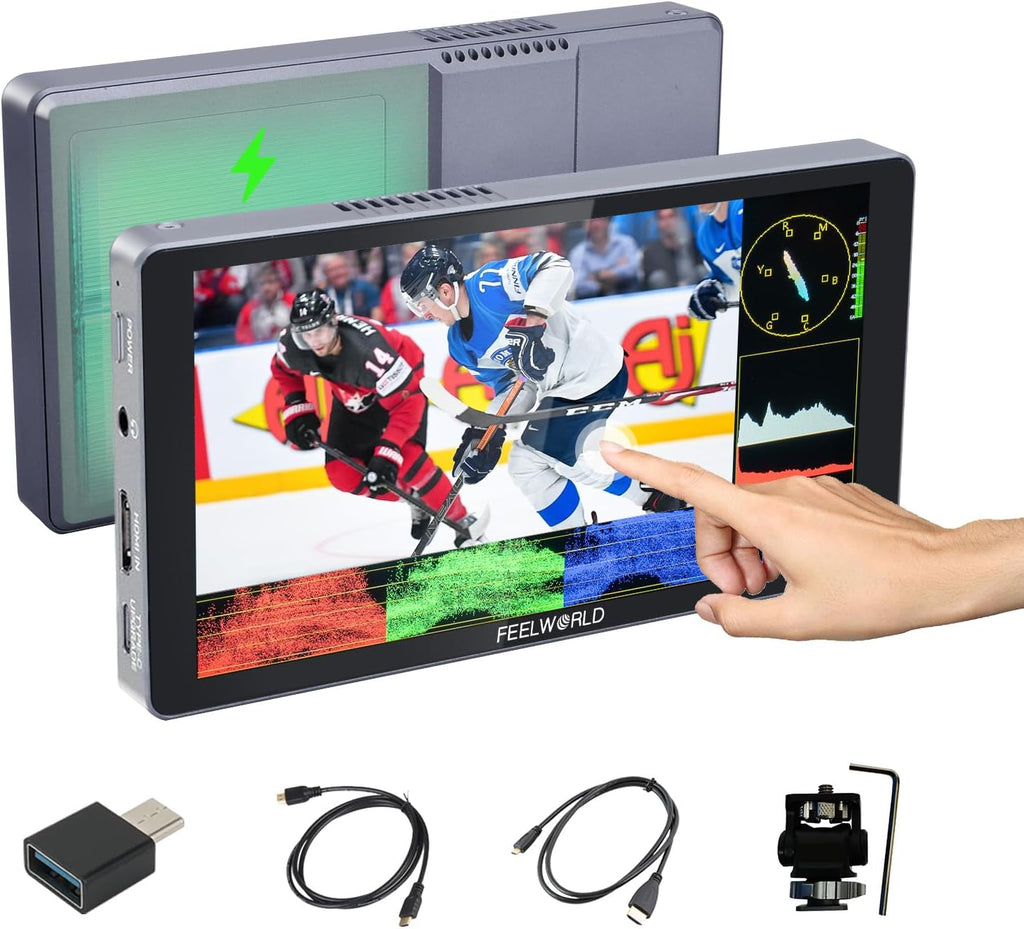 FEELWORLD P6XL 6 Inch High Brightness Touch Screen DSLR Video Monitor Built-in Battery 3000 mAh 1920x1080 4K HDMI Camera Field Monitor 1200 nits with Aluminium Shell