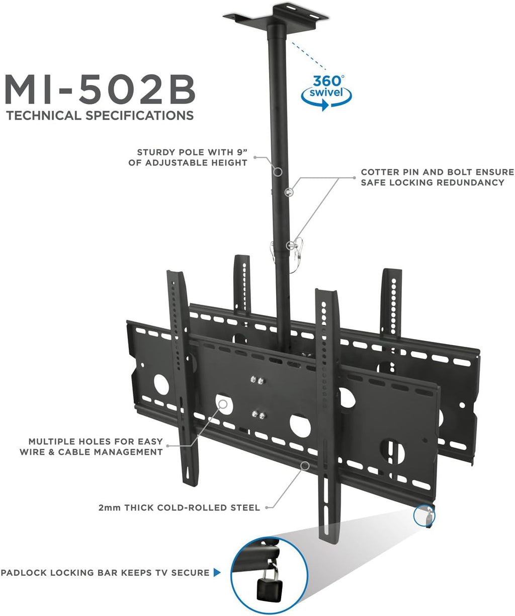Mount-It! Dual TV Ceiling Mount – Commercial Back-to-Back Ceiling TV Bracket for 37–75' Screens, 360° Swivel, 20° Tilt, VESA 800x450, 175 lb/Side, Height Adjustable, Locking Bar, Heavy-Duty Steel