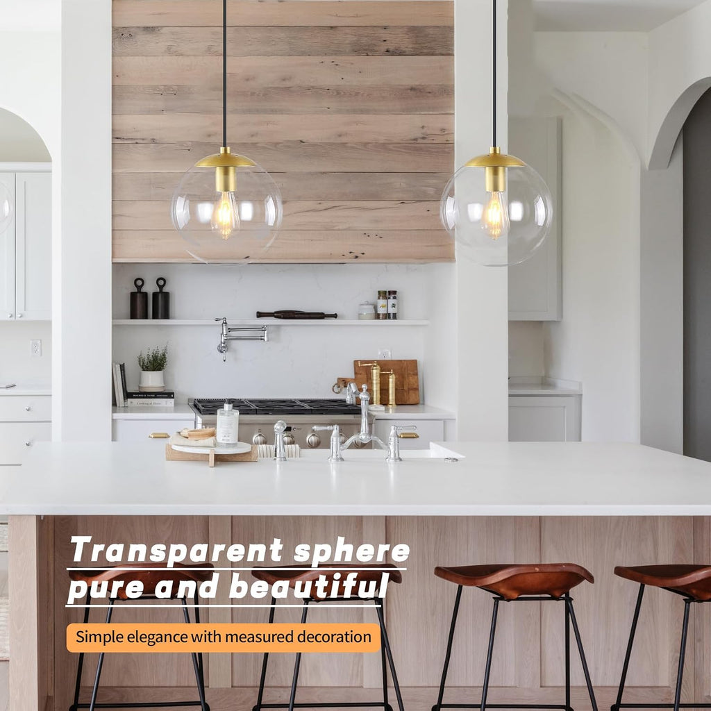 KoKo&Yukina 8' Gold Glass Globe Modern Pendant Lights 2 Pack Mid Century Clear Glass Pendant Light Fixtures Adjustable Hanging Pendant Lighting for Kitchen Island Bedroom Hallway Bulbs Included