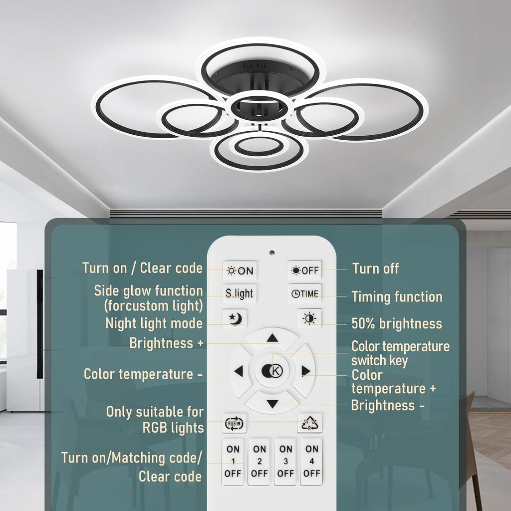 Modern Ceiling Light Fixture, 8 Rings Dimmable Flush Mount Ceiling Light with Remote, Acrylic Close to Ceiling Lighting Fixture for Living Room Bedroom Kitchen (Black, 8 Heads)