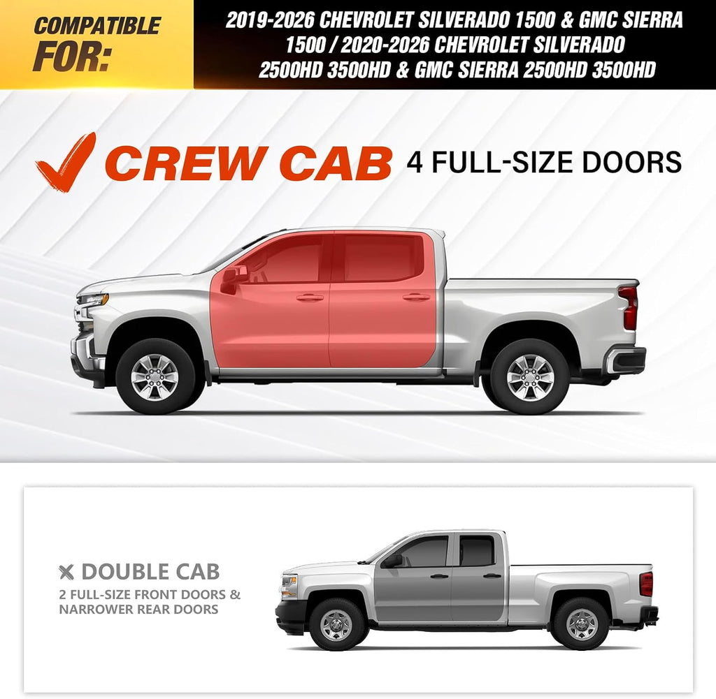 YZONA Running Boards Compatible with Chevy/GMC Silverado/Sierra 1500 2019-2026, 2500HD/3500HD 2020-2026 - Crew Cab Only - Excl. 2019 1500 LD, Side Step Rails Aluminum Alloy Nerf Bars