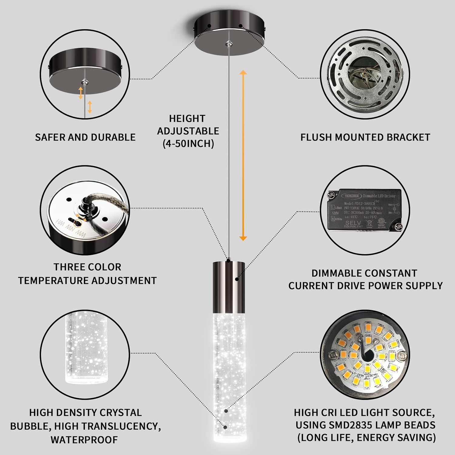 OKELI Modern Pendant Lights,3 Color LED Bubble Crystal Island Light Fixtures,Black Mini Pendant Lighting for Kitchen Island,Bar,6W,3000-6000K,ETL,3 Pack