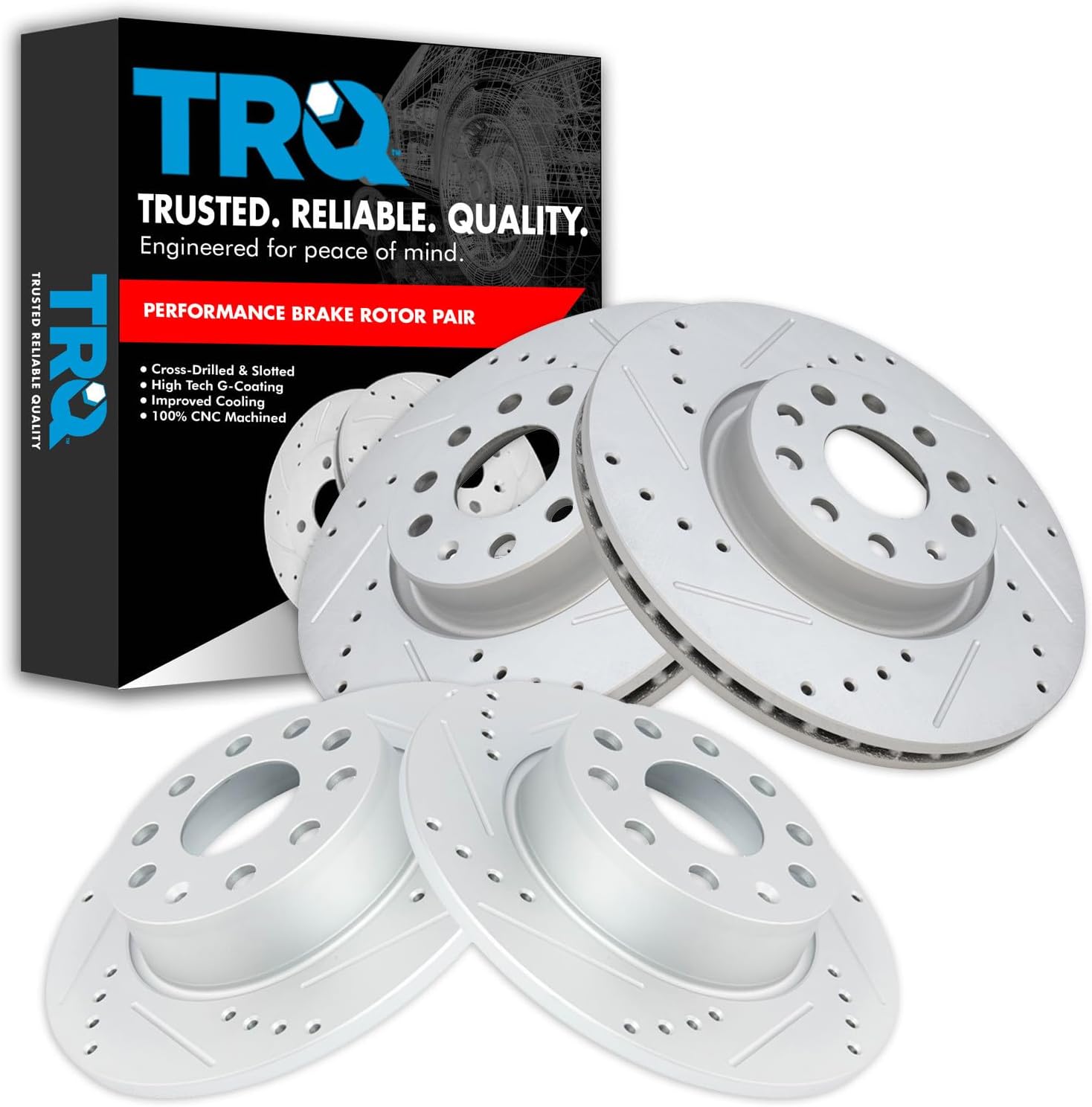 TRQ Front & Rear Brake Rotors Set Performance Premium G-Coated Slotted X Drilled Compatible with 09-20 Audi 09-21 Volkswagen