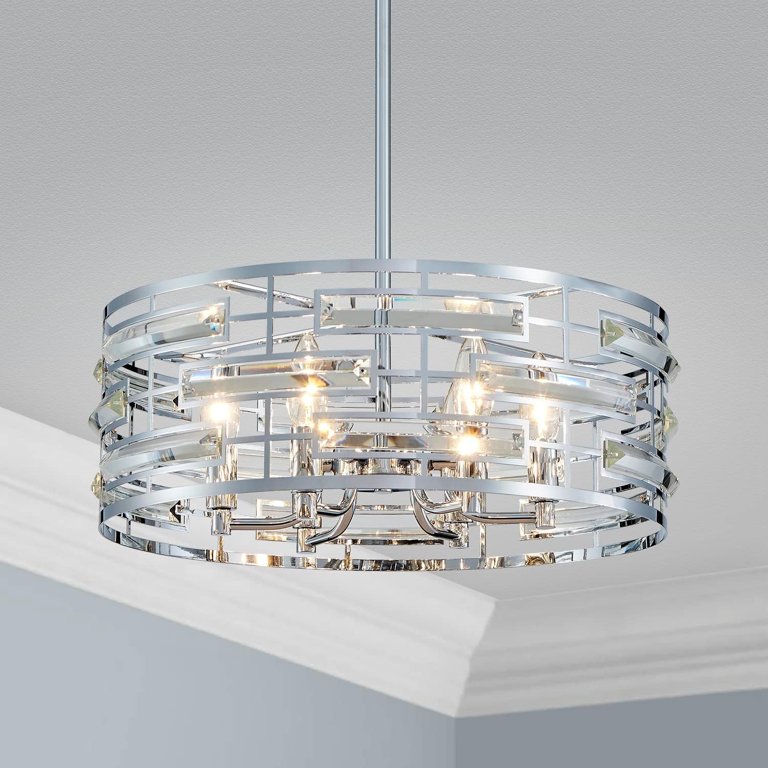 Saint Mossi Modern K9 Crystal Chandeliers, Drum Pedant Light Fixture for Living Space, D18 x H24, Adjustable Chains 59', Chrome Finish Metal Frame