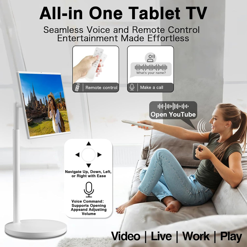 32 inch Portable Smart Tablet TV on Wheels with Full HD Rolling Touchscreen Monitor and Tablet in one, (8GRAM+128GB),Android 13,(5-8-Hour) Battery,Full Swivel Rotation,Voice Remote Control