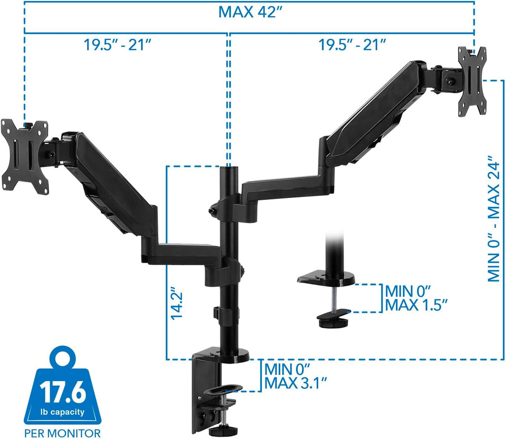 Mount-It! Dual Monitor Arm Desk Mount for 17–32' Screens, Gas Spring Adjustable Monitor Stand, Vertical Stack or Side-by-Side Setup, 17.6 lbs Each Arm, VESA 75x75 100x100, Clamp & Grommet Base MI-4762