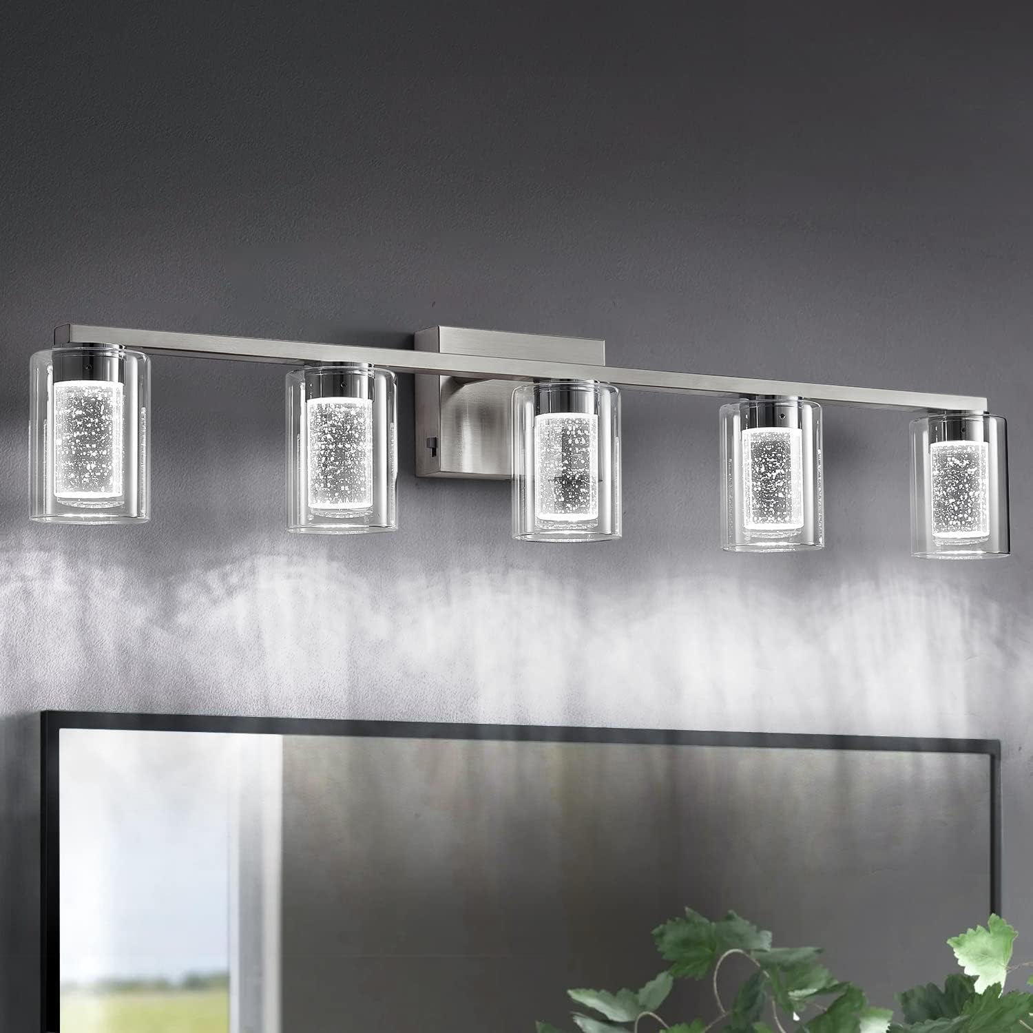 Bathroom Light Fixtures, 5 Light Brushed Nickel Bathroom Vanity Light Over Mirror, 3 Color LED Vanity Lights with Crystal Bubble Glass, Dimmable Wall Sconce Lighting for Bathroom，Living Room