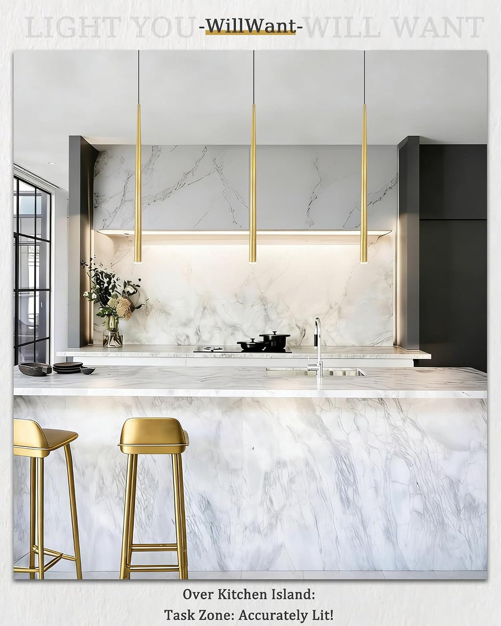 3 Pack Modern Brass Gold Pendant Lights, 27.5' Contemporary Tube Tapered Cylinder Hanging Light Fixture with Dimmable 4000K LED for Kitchen Island, Dining Room, Bar, Bathroom
