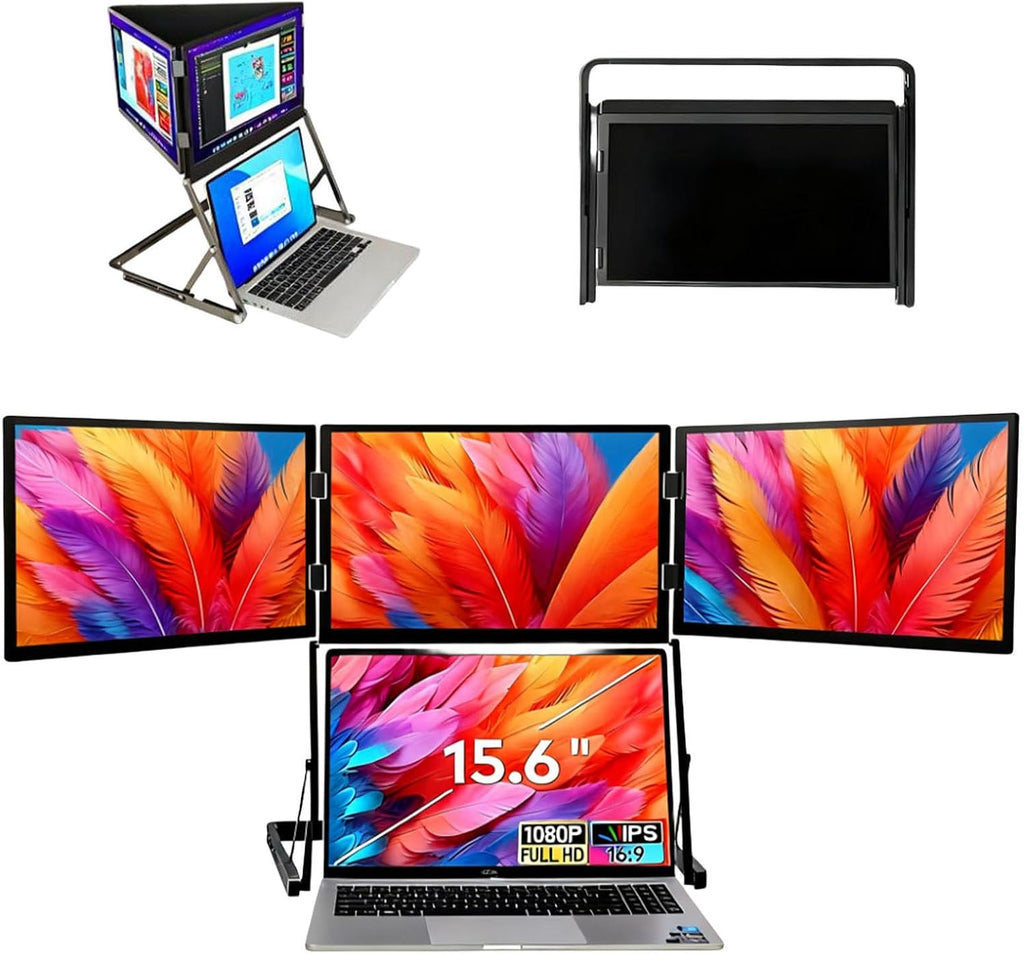 15.6' Portable Triple Monitor for Laptop, Ultra-Slim FHD 1080P Screen Extender, 360° Rotating Foldable Travel Monitor, Plug & Play for Mac/Windows
