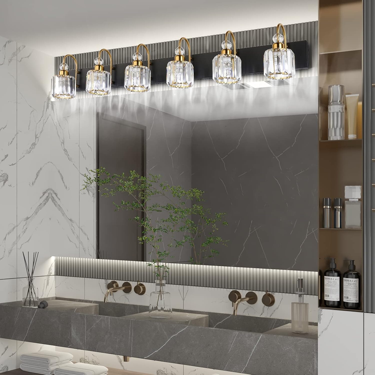 Ralbay Crystal Vanity Lights 6-Lights Modern Crystal Bathroom Vanity Lights Over Long Mirror Modern Black Gold Bathroom Vanity Lighting Fixtures
