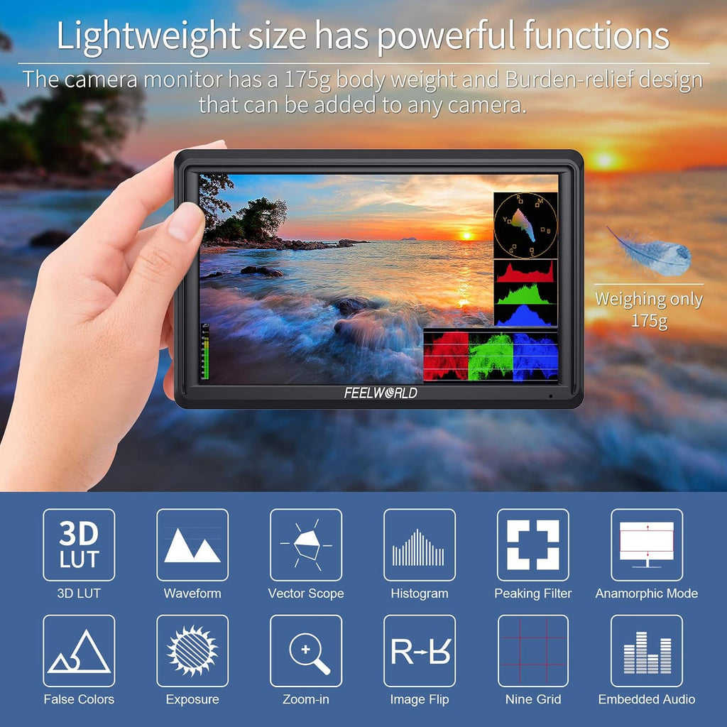 FEELWORLD FW568 V3 Upgrade 6 Inch Camera Field Monitor with 4k HDMI Ultra Bright Screen 3D Lut Small Full HD 1920x1080 IPS Video Peaking Focus for DSLR Cameras Include Sunshade and Tilt Arm Mount