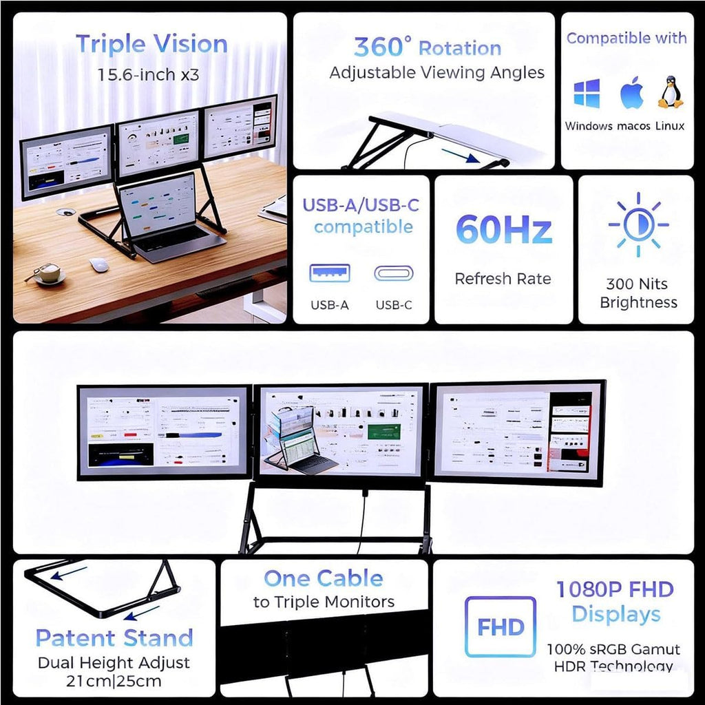 Tri-Screen Monitor Extender,15.6' FHD Monitor,1080P FHD IPS Display,100% sRGB,HDMIs/USB-C Pulg n Play,Workstation for Office & Remote Work