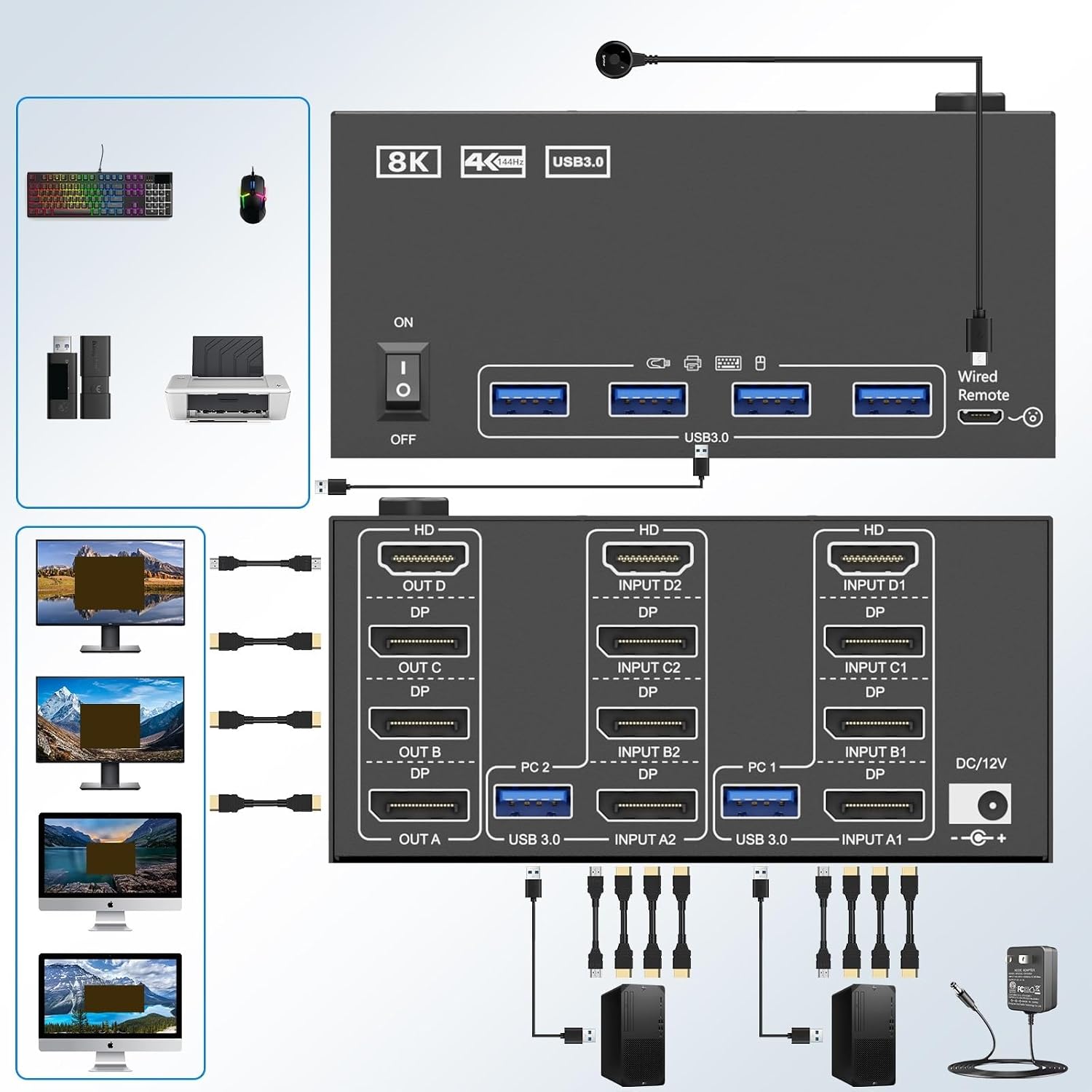 Switch 4 Monitors 2 Computers,USB 3.0 HDMI+DisplayPort Four Monitor KVM for 2 PC Share 4 Display 4USB