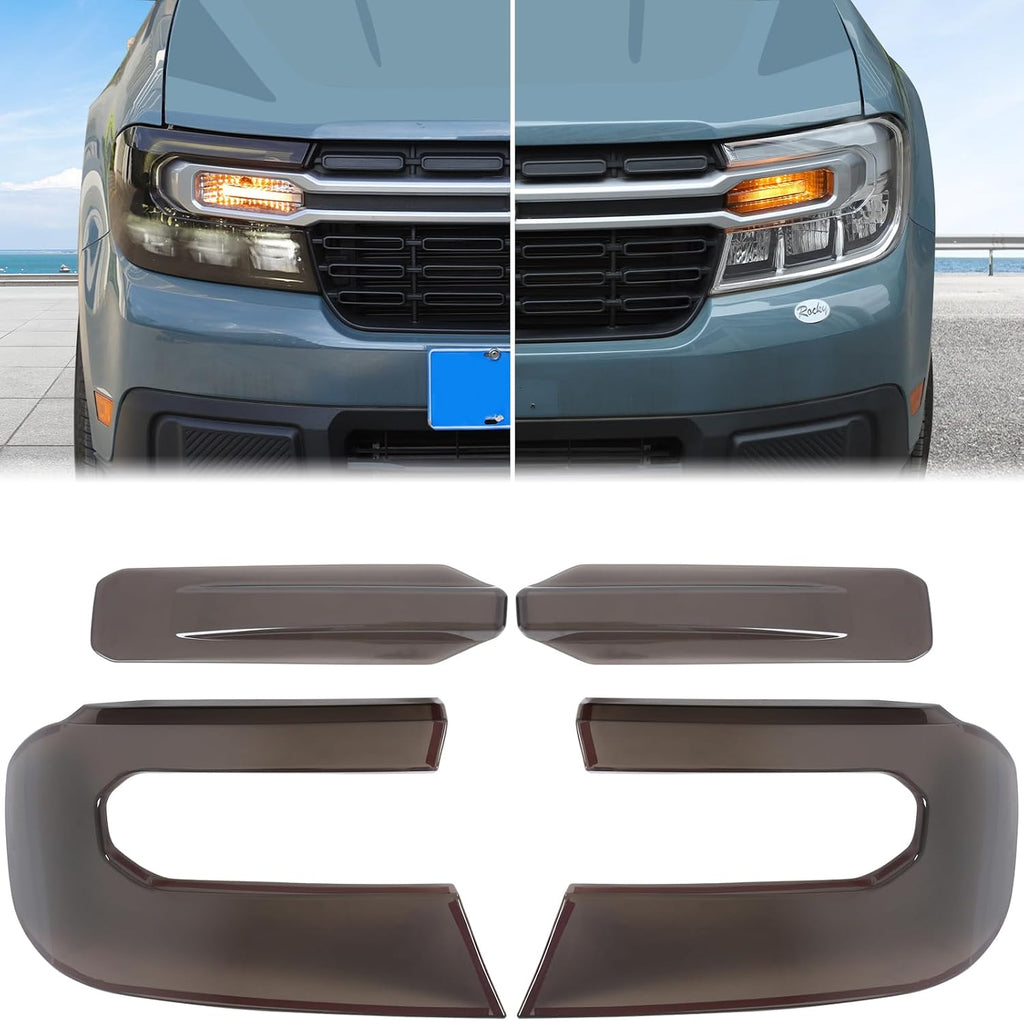 Aunginsy Car Front Headlight Trim Cover Kit Compatible with Ford Maverick 2022-2024 with Front Turn Signal Light Len Shell Shade Smoked Black Headlight Frame Bezels Protector ABS Exterior Accessories