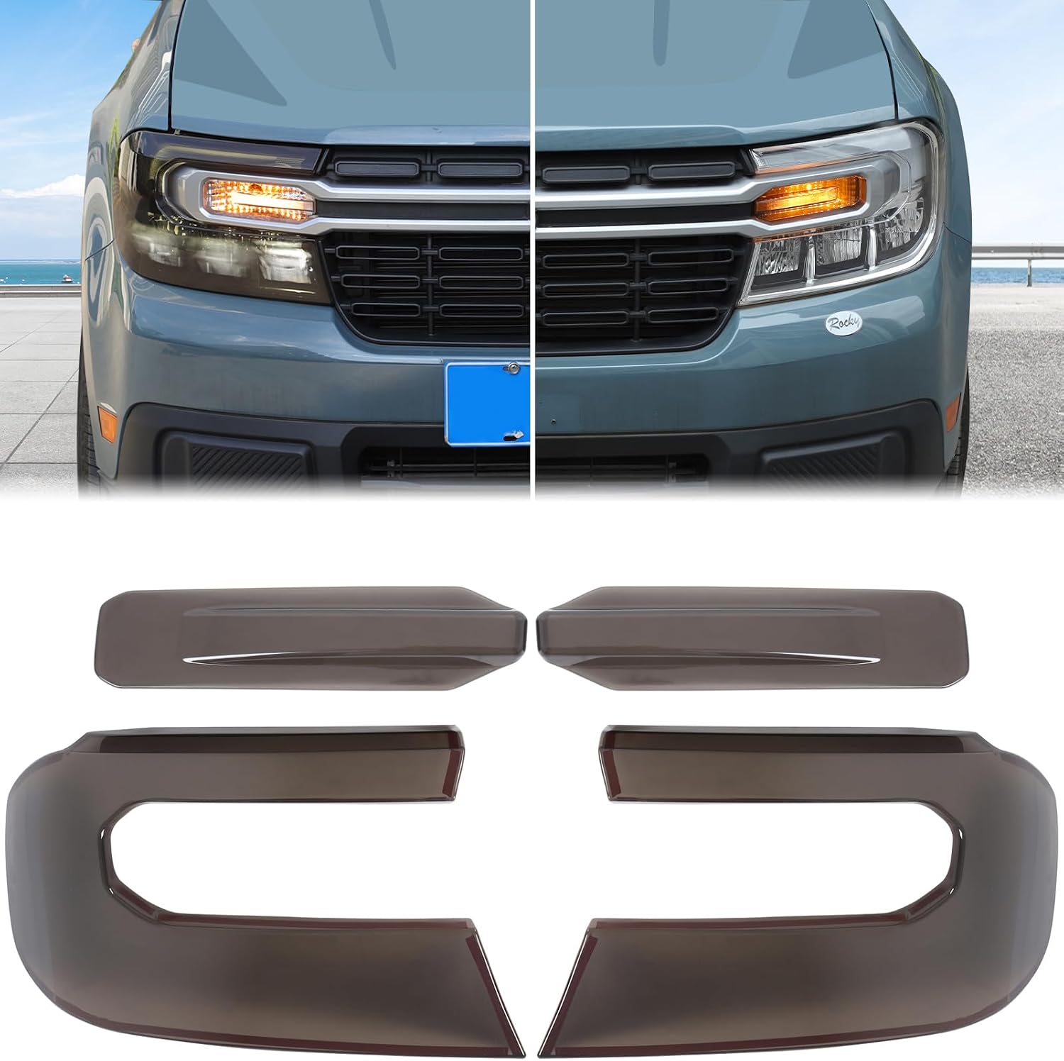 Aunginsy Car Front Headlight Trim Cover Kit Compatible with Ford Maverick 2022-2024 with Front Turn Signal Light Len Shell Shade Smoked Black Headlight Frame Bezels Protector ABS Exterior Accessories