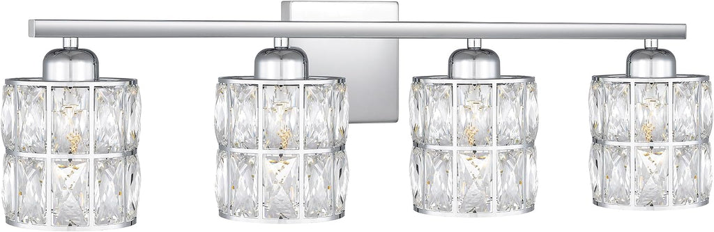 Quoizel Gibson Bath Vanity Lights, 30 Inch 4-Light Polished Chrome Bathroom Lighting Fixtures Over Mirror, Clear Beveled Crystal Shade, Contemporary Wall Mount Light for Bathrooms, Kitchen or Hallway