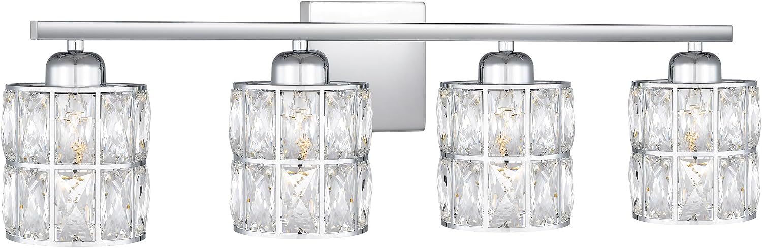 Quoizel Gibson Bath Vanity Lights, 30 Inch 4-Light Polished Chrome Bathroom Lighting Fixtures Over Mirror, Clear Beveled Crystal Shade, Contemporary Wall Mount Light for Bathrooms, Kitchen or Hallway