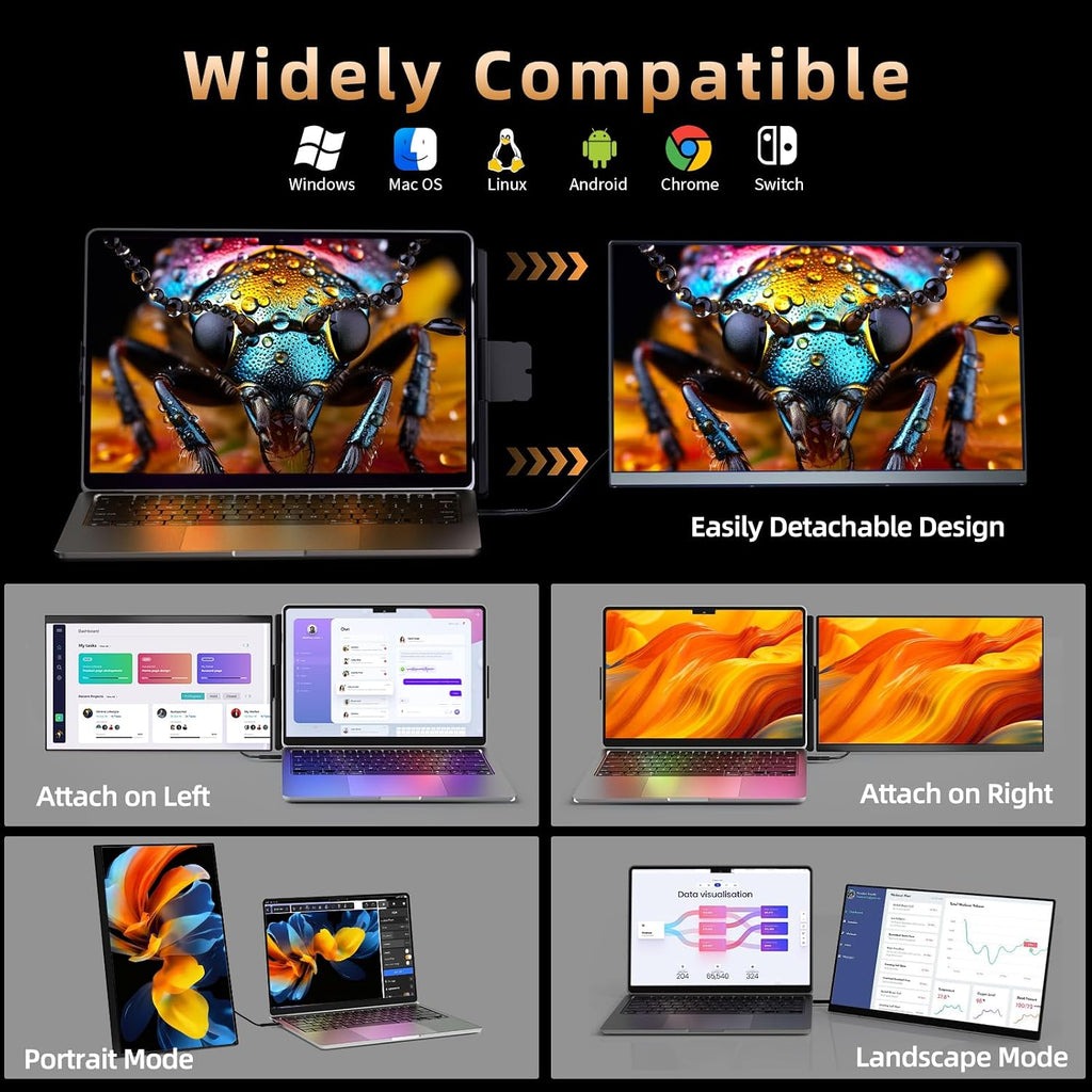 Laptop Screen Extender 15.6' 120% sRGB - FHD 1080P IPS Dual Laptop Monitor Extender with Detachable Screen, Second Monitor for 13'-17.3' Laptops, Plug-Play for Windows Mac Android Chrome