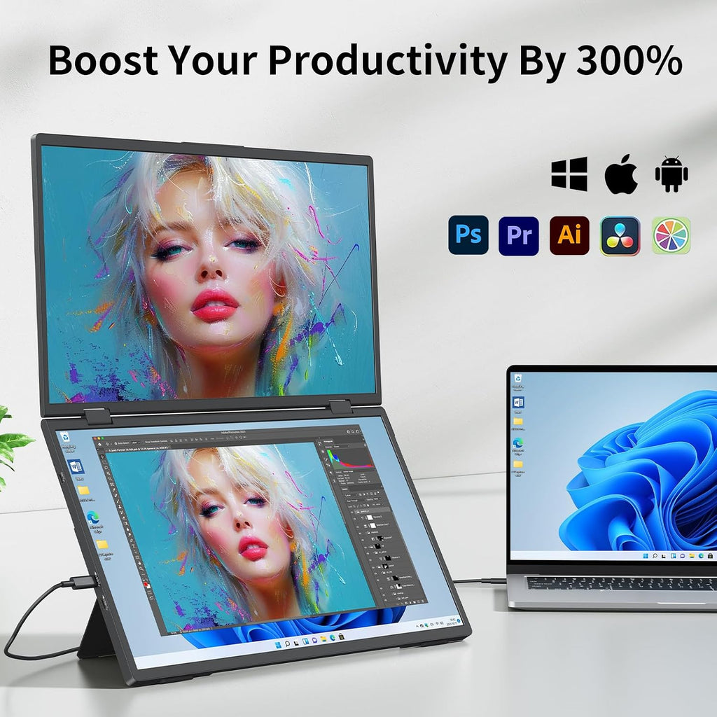 Laptop Screen Extender,15.6' Dual Monitors (Wins/Mac) Folding Stacked Portable Dual Monitor, USB C Travel Extended Computer Display with Triple Portable Monitor for Laptop PC Windows Mac