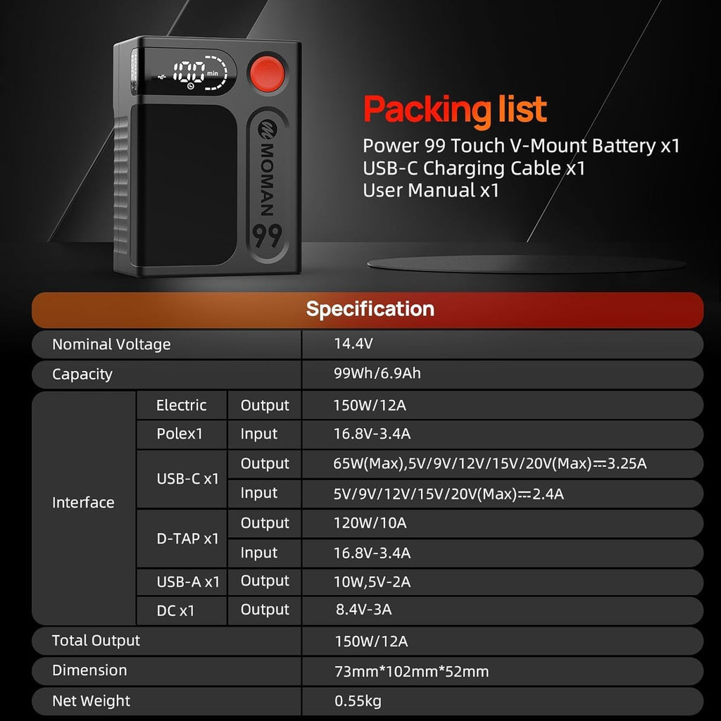 Moman V-Mount Battery, Power 99 Camera bettert Mini V Lock Batterys 99Wh/6900mAh with Time Display Compatible with Smallrig BMPCC 4k 6k Camera Camcorder Monitor D-TAP/USB-C/A Output