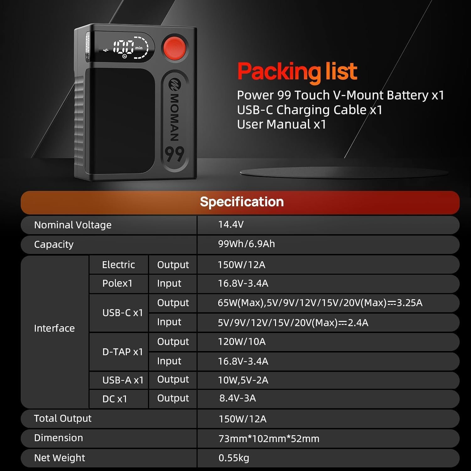 Moman V-Mount Battery, Power 99 Camera bettert Mini V Lock Batterys 99Wh/6900mAh with Time Display Compatible with Smallrig BMPCC 4k 6k Camera Camcorder Monitor D-TAP/USB-C/A Output
