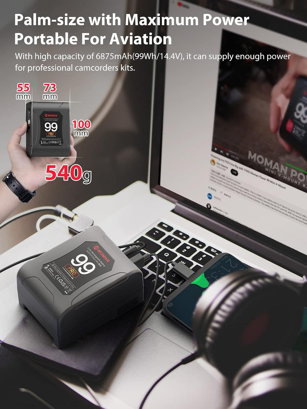 Moman V-Mount Battery, Power 99 Camera bettert Mini V Lock Batterys 99Wh/6900mAh with Touch Button&LED Display for Smallrig BMPCC 4k 6k Camera Camcorder Monitor 65W PD USB-C/A/D-Tap 14.4V/DC/BP Port