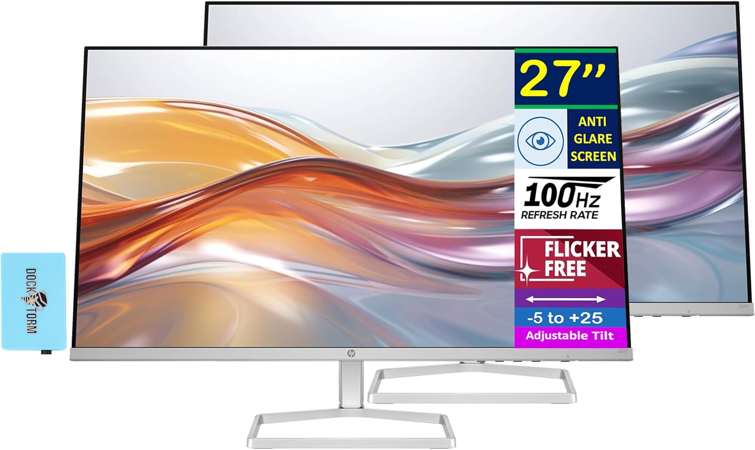 HP Series 5 527sf 27' FHD IPS Monitor with 300 nits Brightness, 5ms Response Time, Flicker Free, Anti-Glare, VGA, HDMI, & Dockztorm USB Port Expander, Black/Silver Color (94F44AA#ABA) 2 Pack